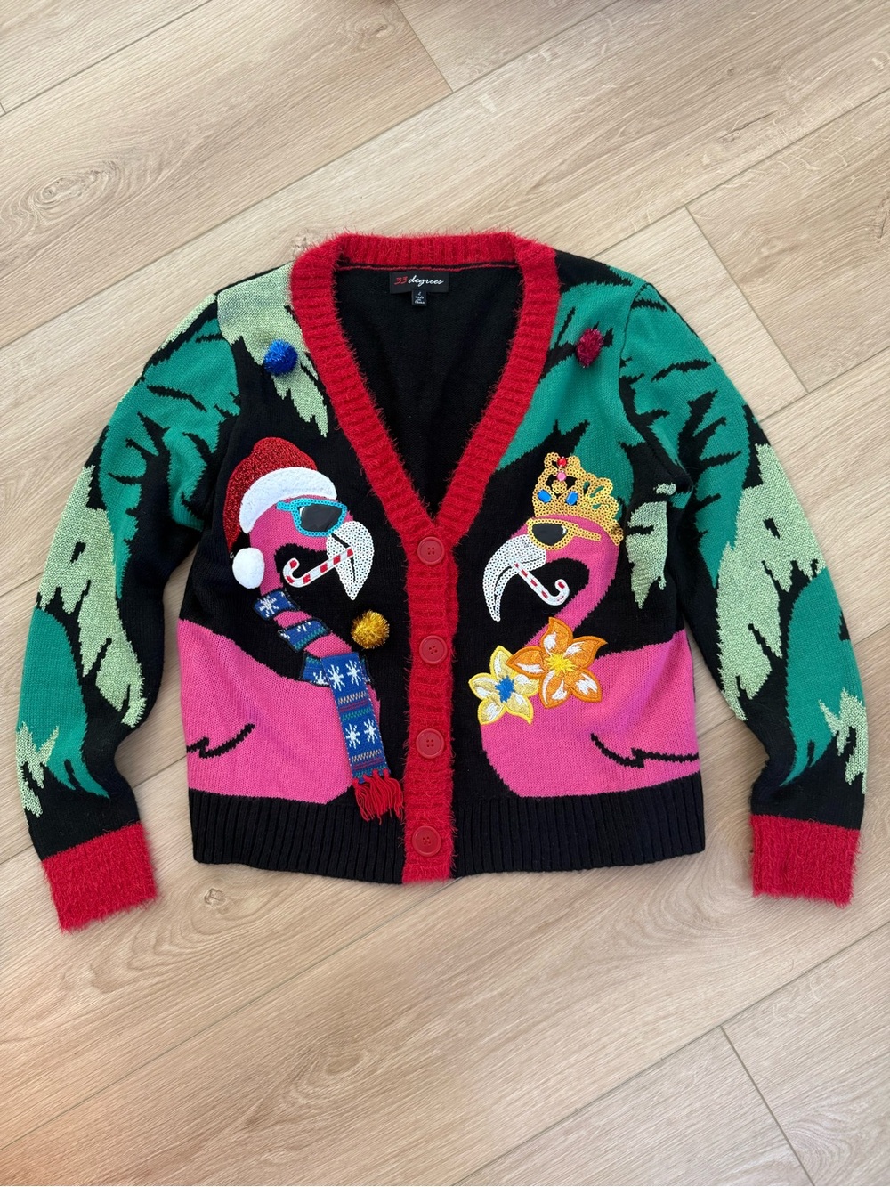 Ugly Christmas Flamingo Embroidered Cardigan Sweater